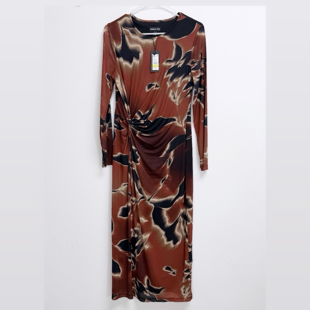 Kenneth Cole Dress Womens Medium Brown Black Maxi Long Sleeve Sheer Mesh NWT